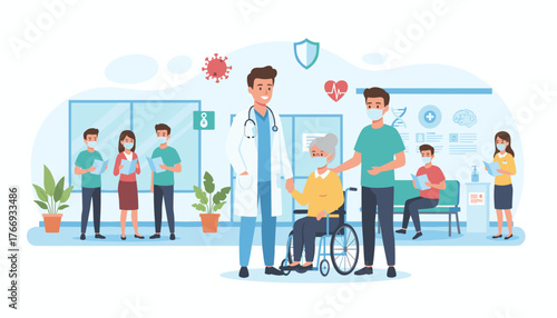 Modern healthcare and medical concept illustration featuring a doctor assisting an elderly woman in a wheelchair, surrounded by patients in a waiting room, symbolizing care, recovery, and medical