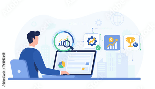Business analytics concept with a businessman using a laptop, analyzing data with charts and graphs, showing growth, efficiency, and success with icons for strategy, finance, and achievement