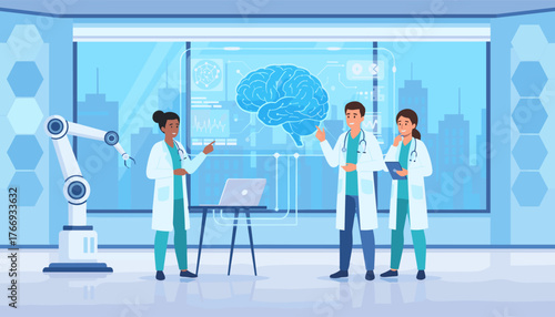 Diverse medical team collaborates in a futuristic laboratory, analyzing a holographic brain scan with advanced technology and robotic assistance, representing innovation in healthcare and