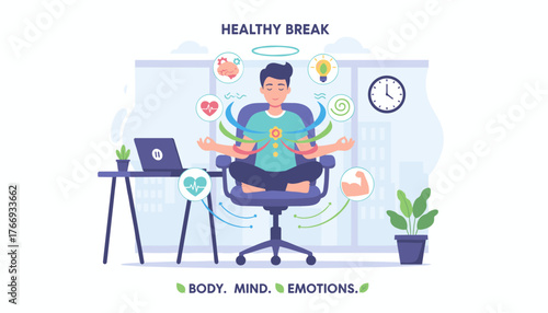 A man in office attire meditates in a lotus position on a chair, symbolizing a healthy break during working hours, with icons representing brain, heart, lightbulb, and muscle, promoting holistic