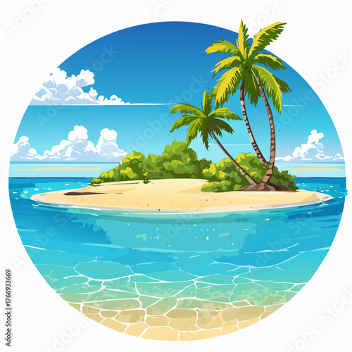 Scenic vista of a tropical atoll with clear waters and sandy shores under a bright blue sky