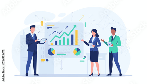 Diverse team of professionals in business attire collaborating around a digital presentation board displaying upward trending graphs, pie charts, and data analytics, symbolizing startup growth and