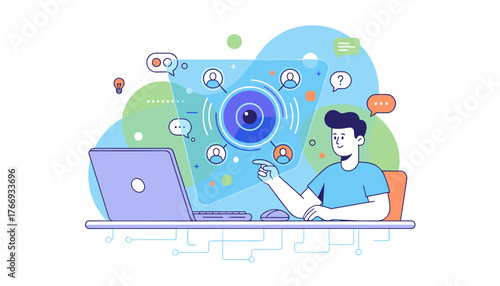 Modern flat illustration of a person attending an online webinar or e-learning session via laptop, interacting with a digital interface featuring an eye icon, user profiles, and communication