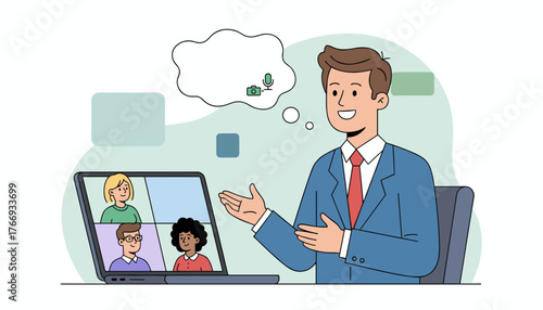 A smiling man in a suit participates in an online video meeting, with three other participants visible on his laptop screen, representing remote work, virtual communication, and modern business