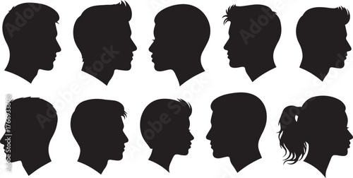 Diverse male and female head silhouettes profile views different hairstyles ages unity representation