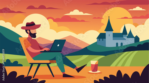 After a long day of work in the vineyards a tired but content farmer relaxes on a chair with his laptop on his lap admiring the striking sunset over the chateau.. Vector illustration