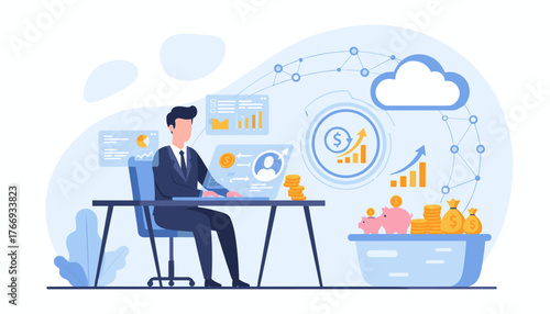 Modern flat illustration of a businessman working on a laptop, analyzing financial charts and data, with a cloud computing icon and piggy banks symbolizing savings and payroll management