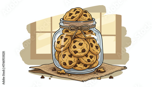 A charming illustration of a rustic glass jar overflowing with delicious homemade chocolate chip cookies, tied with a twine bow, sitting on a burlap cloth near a window, evoking warmth and comfort.