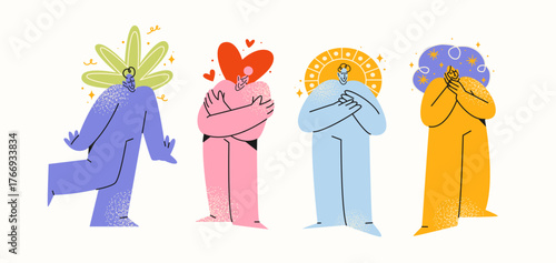 Abstract characters with positive emotions in retro cartoon. Mascot poses: feel love, joy, peace, harmony. People radiate positive energy and are happy. Illustration in funky, doodle style