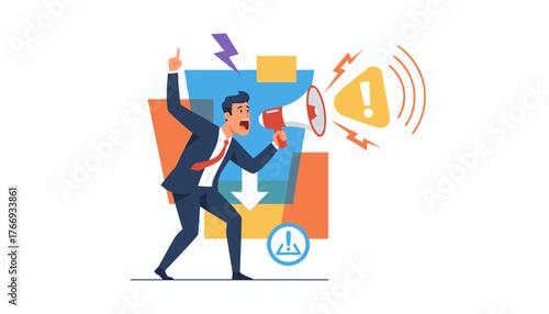 Energetic businessman in a suit shouts into a megaphone, conveying an urgent warning message with an exclamation mark symbol and sound waves, symbolizing alert, caution, and attention-grabbing