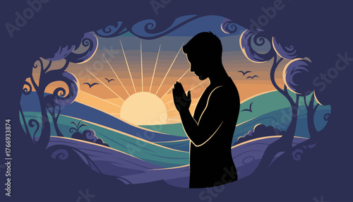 Silhouette of a person standing in reverence with hands clasped together against a vibrant sunrise over rolling hills and stylized trees, symbolizing peace, spirituality, and hope.