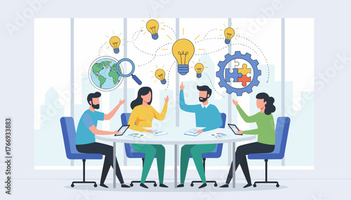 Diverse team of professionals collaborating around a table, brainstorming innovative business ideas with lightbulbs symbolizing creativity, a magnifying glass over a globe representing global search