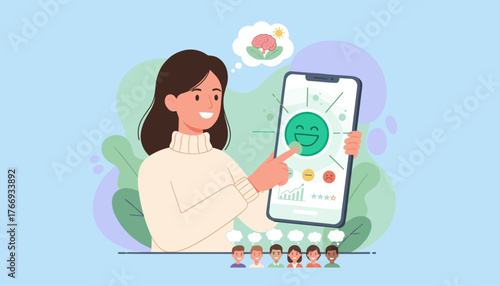 A smart woman is using her smartphone to select a green happy face emoji, representing positive feedback and mental well-being, with a brain icon in a thought bubble, surrounded by diverse people