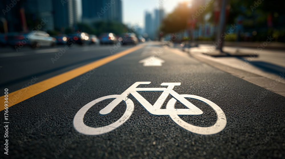 Obraz premium Bicycle lane symbol in white on city street