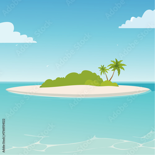 Scenic vista of a tropical atoll with clear waters and sandy shores under a bright blue sky