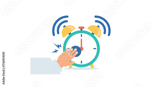 Vibrant vector illustration of a classic twin-bell alarm clock ringing loudly, with sound waves emanating from it, as a hand reaches out to press the snooze button, set against a clean white