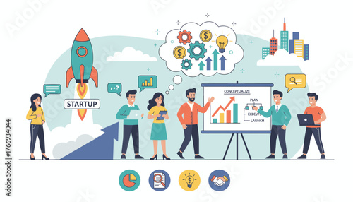 Vibrant vector illustration depicting a dynamic startup team launching a new venture, featuring a rocket taking off, business professionals collaborating, charts, gears, and city skyline, symbolizing
