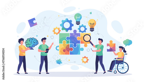 Vivid vector illustration depicting a diverse creative team collaborating on a complex puzzle, symbolizing problem-solving, innovation, and shared success, with elements like gears, lightbulbs, and a