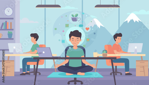 Vector illustration of a man meditating in a lotus position at his desk in an office, surrounded by colleagues working on computers, symbolizing mindfulness and stress relief in the workplace, with