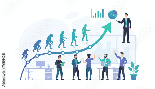 Vector illustration depicting the evolution of business professionals from early hominids to modern office workers, symbolizing progress, growth, and development in the corporate world with charts