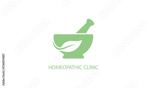 Homeopathic clinic mortar and pestle with leaf, isolated on white background vector design