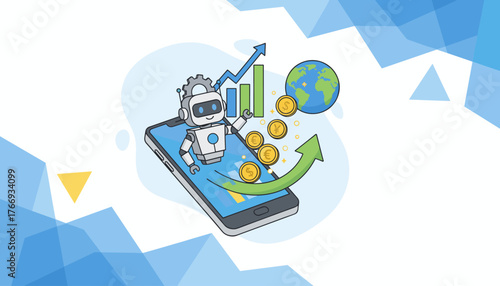 Vibrant vector illustration of a friendly virtual business assistant robot emerging from a smartphone screen, surrounded by global finance symbols, rising bar charts, and coins, symbolizing digital