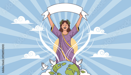 A woman wearing a laurel wreath and a purple toga stands with her arms raised, holding a blank banner above her head, symbolizing hope and peace, with doves flying around the Earth and clouds in the