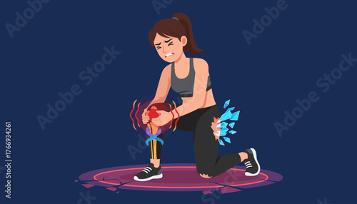 A young woman in athletic wear kneels on a cracked circular platform, clutching her knee in agony, symbolizing a painful knee injury, possibly from sports or physical exertion, with visual cues of