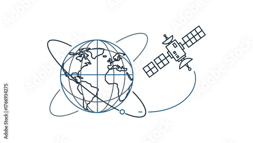 Flat vector of a satellite orbiting a globe, pure white background, space-tech minimalism.