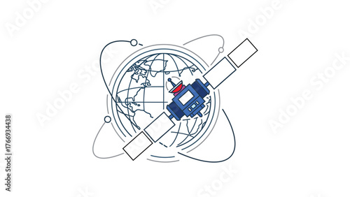 Flat vector of a satellite orbiting a globe, pure white background, space-tech minimalism.