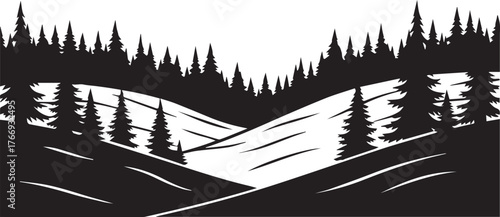 Abstract silhouette of pine forest landscape with rolling hills and textured sky