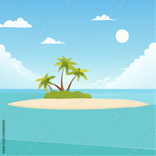 Scenic vista of a tropical atoll with clear waters and sandy shores under a bright blue sky