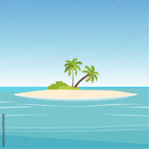 Scenic vista of a tropical atoll with clear waters and sandy shores under a bright blue sky
