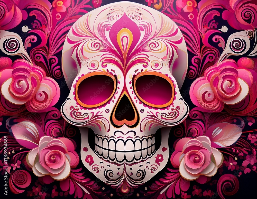 Naklejka premium elegant abstract background featuring sugar skull motifs with vibrant pink and white floral swirls in a modern minimalist style
