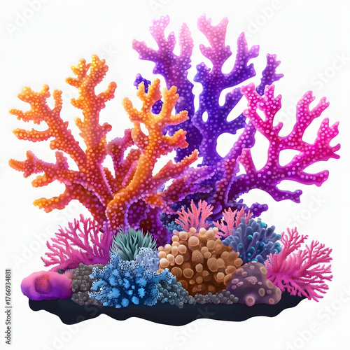 Vibrant artificial coral reef cluster with blue pink and yellow colors isolated on transparent background