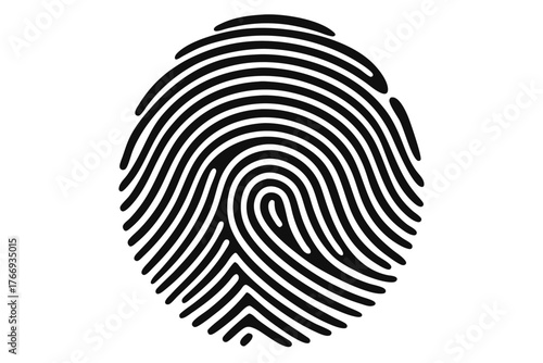 Black fingerprint pattern uniquely swirls with intricate ridges, showcasing individuality against a stark white backdrop