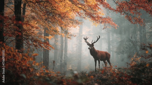 Majestic Red Deer Stag in Misty Autumn Forest, Golden Foliage and Ethereal Light