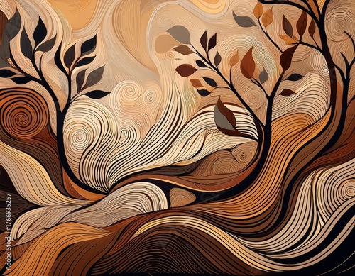 abstract forest inspired patterns in natural earth tones with intricate lines and smooth blending for a modern aesthetic