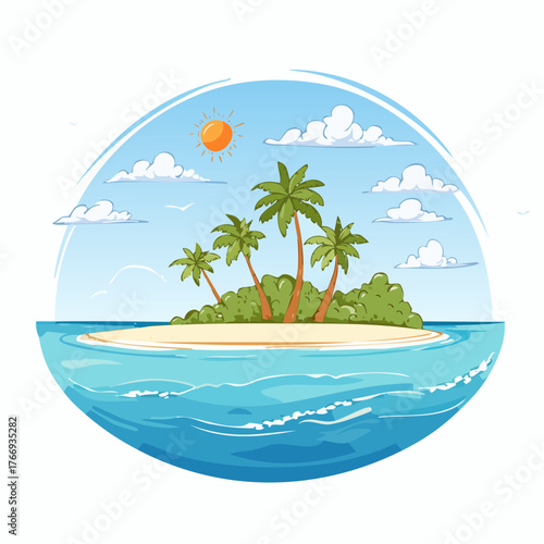 Scenic vista of a tropical atoll with clear waters and sandy shores under a bright blue sky