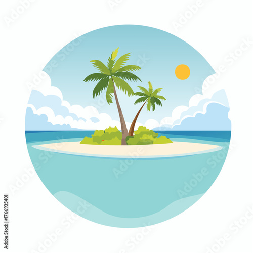 Scenic vista of a tropical atoll with clear waters and sandy shores under a bright blue sky
