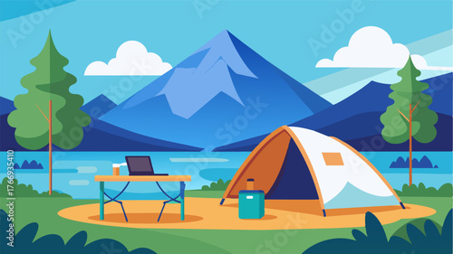 A spacious tent with a comfortable work desk complete with highspeed internet and a picturesque view of a tranquil lake.. Vector illustration