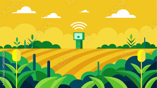 A lush healthy crop is shown thriving against a backdrop of yellowing fields highlighting the impact of utilizing IoTenabled soil nutrient sensors to optimize plant health.. Vector illustration