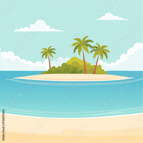 Scenic vista of a tropical atoll with clear waters and sandy shores under a bright blue sky