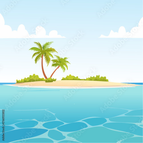 Scenic vista of a tropical atoll with clear waters and sandy shores under a bright blue sky