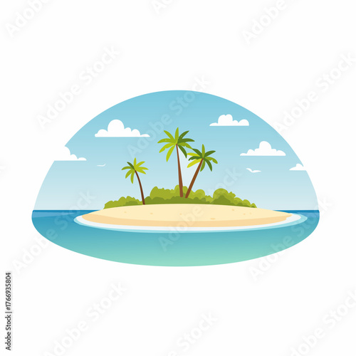 Scenic vista of a tropical atoll with clear waters and sandy shores under a bright blue sky