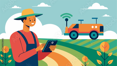 A farmer remotely controlling a robotic harvester on their smartphone maximizing efficiency and reducing physical labor.. Vector illustration