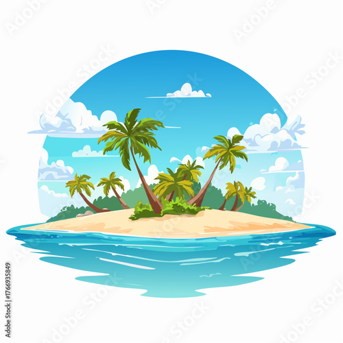 Scenic vista of a tropical atoll with clear waters and sandy shores under a bright blue sky