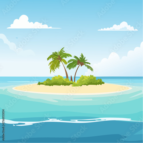 Scenic vista of a tropical atoll with clear waters and sandy shores under a bright blue sky