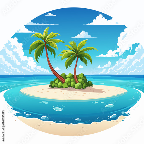 Scenic vista of a tropical atoll with clear waters and sandy shores under a bright blue sky