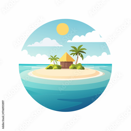 Scenic vista of a tropical atoll with clear waters and sandy shores under a bright blue sky